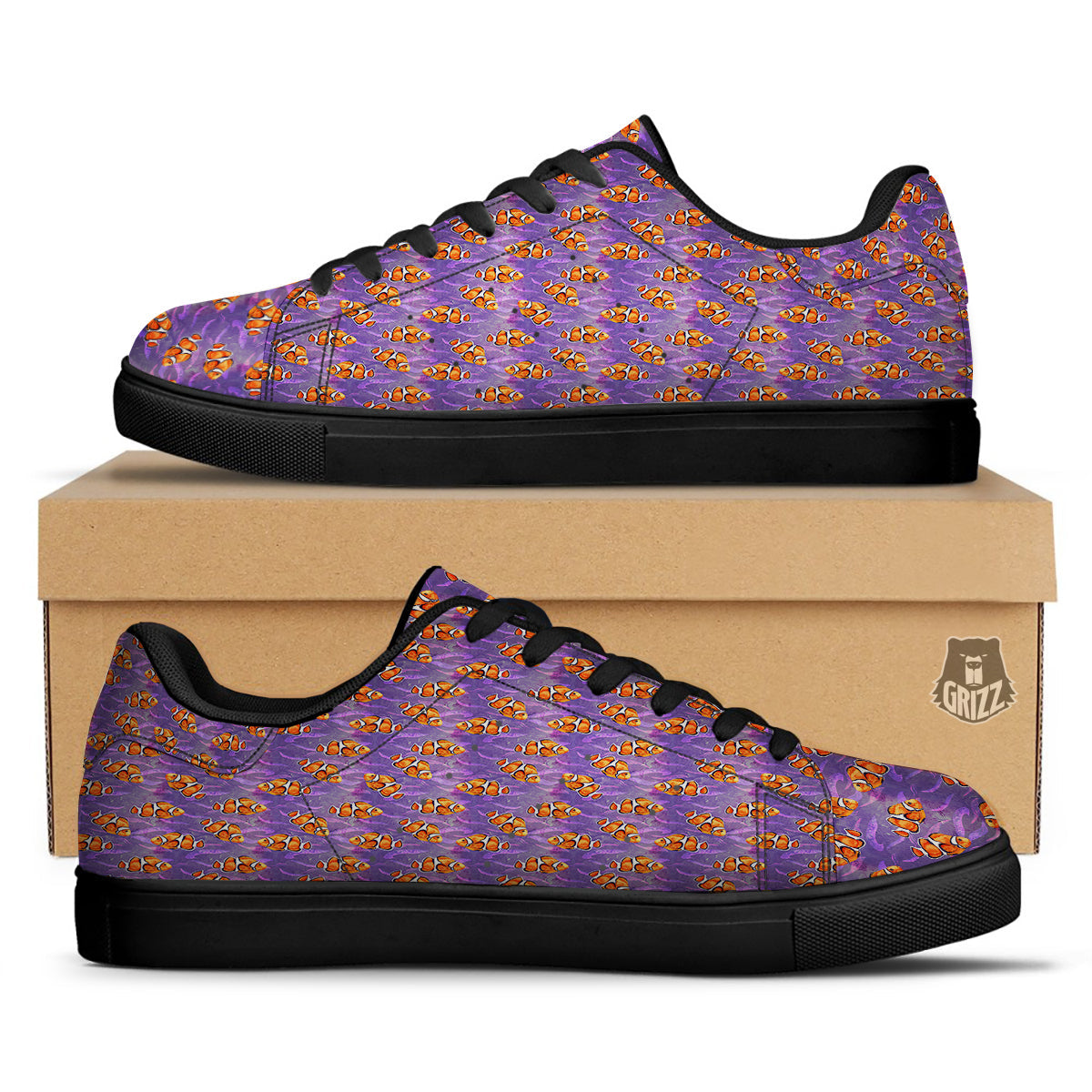 Clownfish Watercolor Purple Print Pattern Black Low Top Sneakers-grizzshop