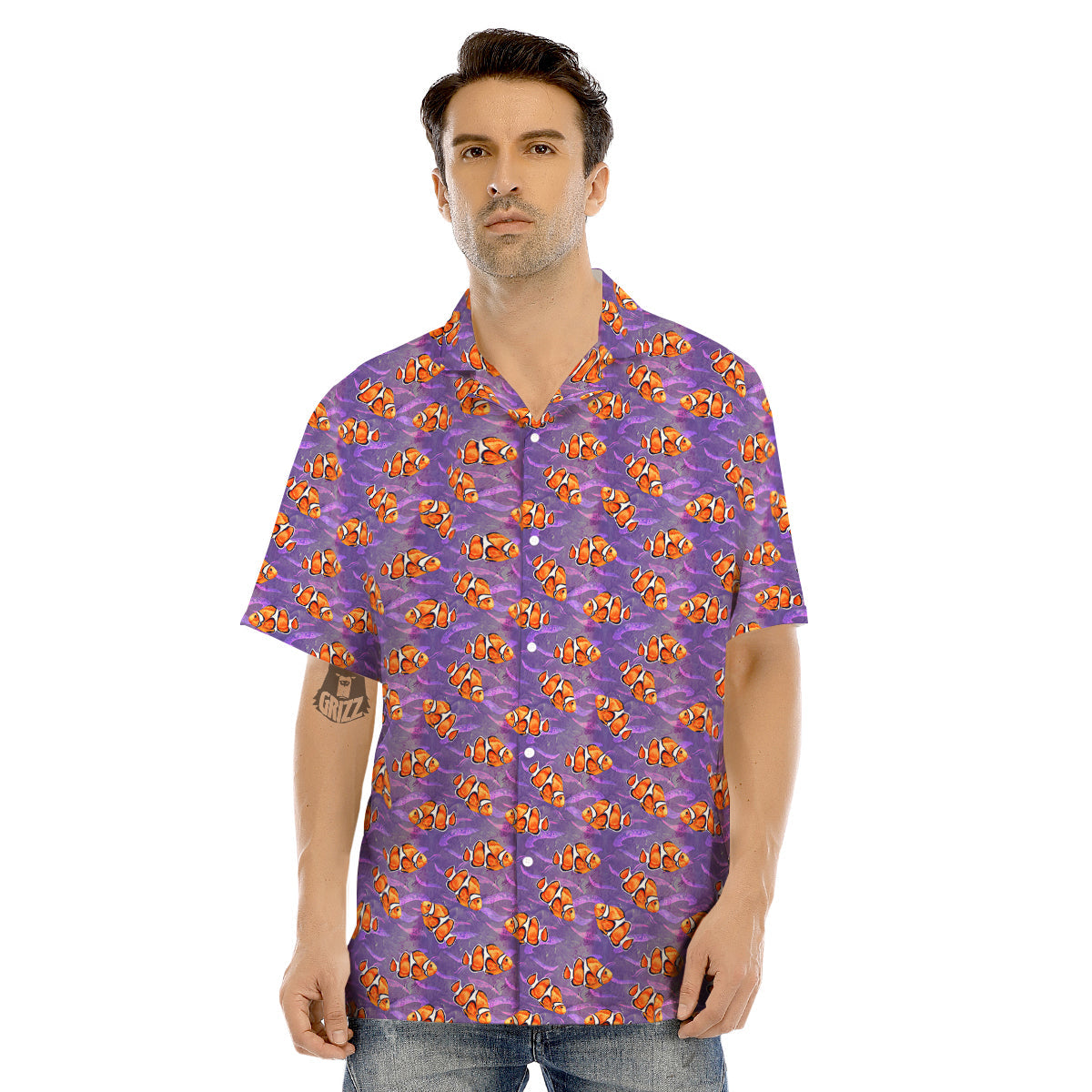 Clownfish Watercolor Purple Print Pattern Men's Hawaiian Shirt-grizzshop