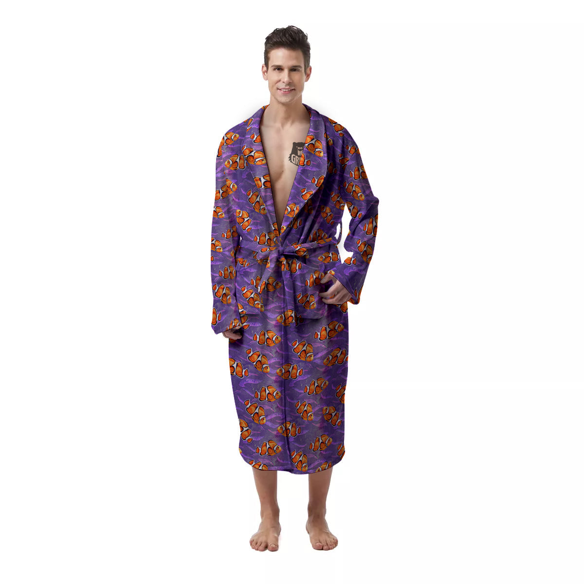 Clownfish Watercolor Purple Print Pattern Men's Robe-grizzshop