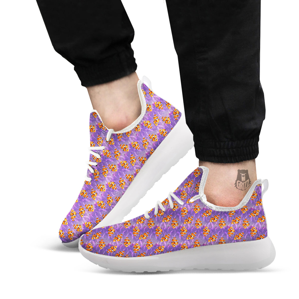 Clownfish Watercolor Purple Print Pattern White Athletic Shoes-grizzshop