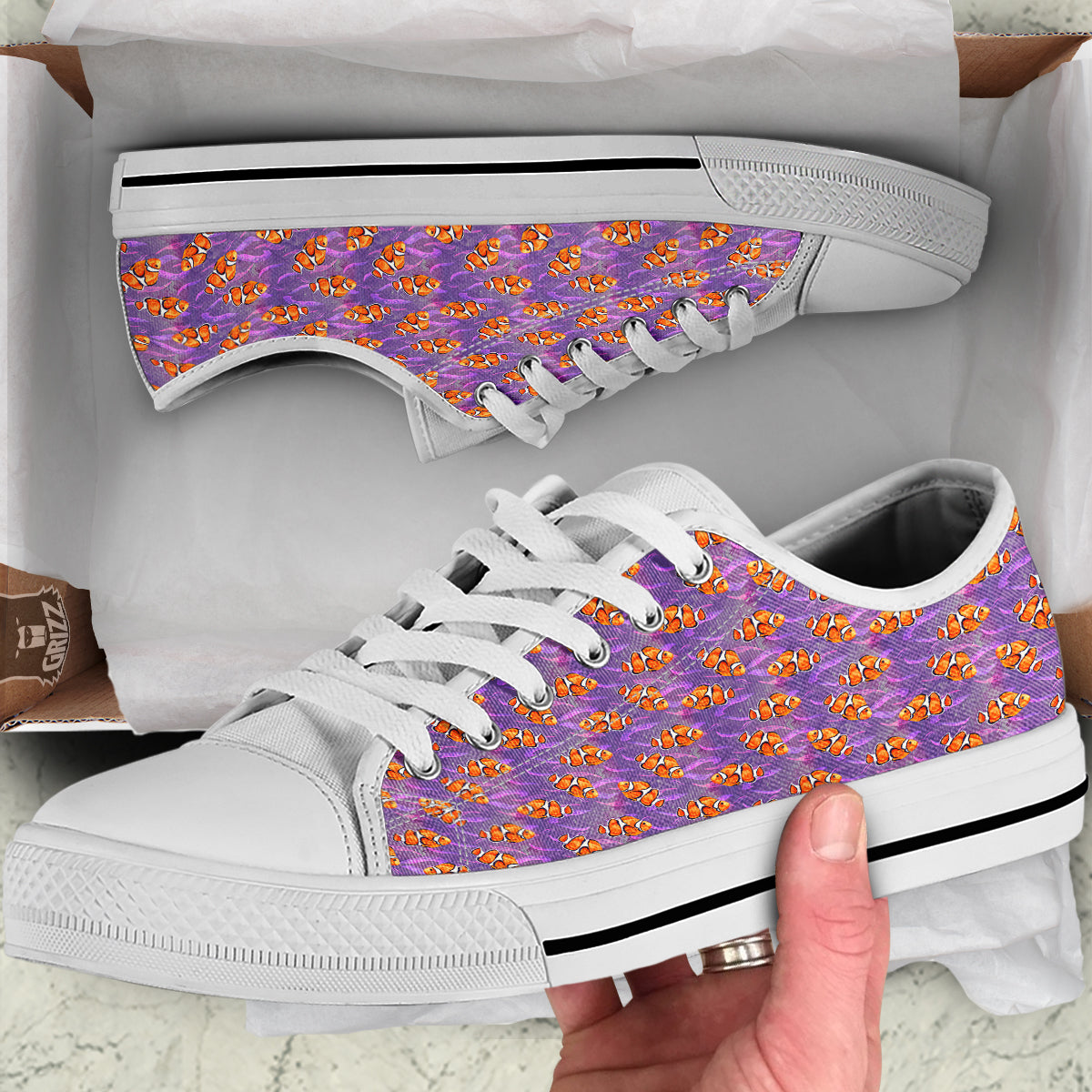 Clownfish Watercolor Purple Print Pattern White Low Top Shoes-grizzshop