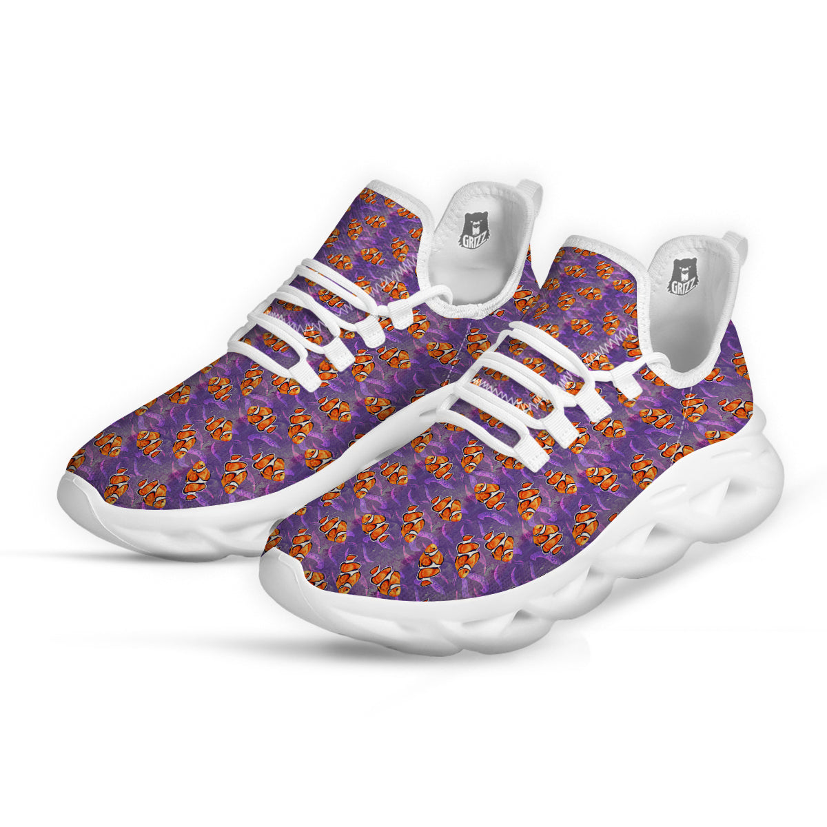 Clownfish Watercolor Purple Print Pattern White Running Shoes-grizzshop