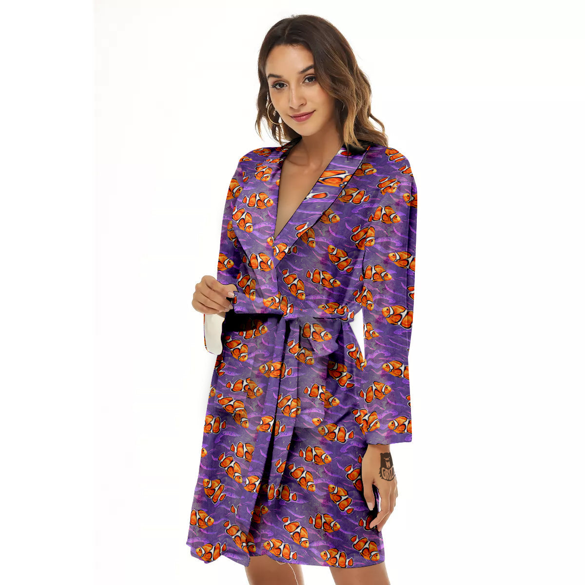 Clownfish Watercolor Purple Print Pattern Women's Robe-grizzshop