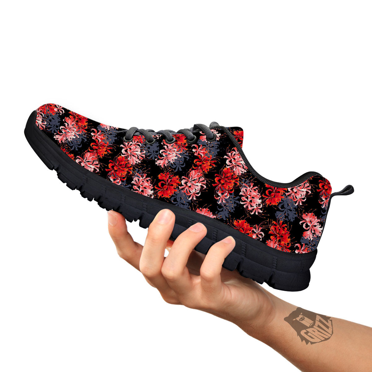 Cluster Amaryllis Japanese Print Pattern Black Sneaker-grizzshop