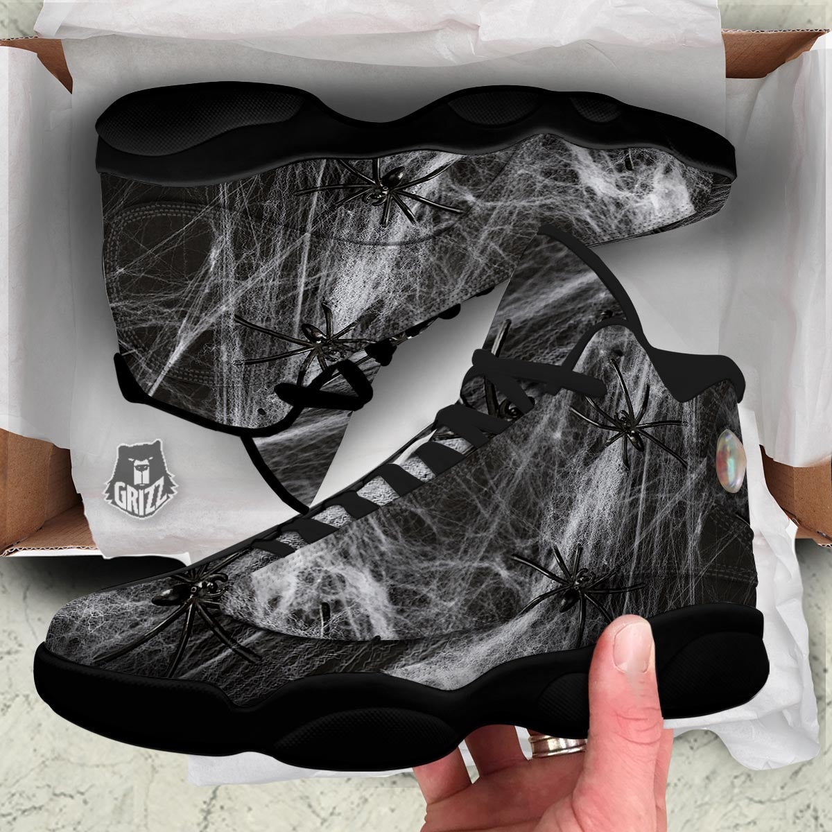 Cobweb And Toy Spiders Print Black Basketball Shoes-grizzshop