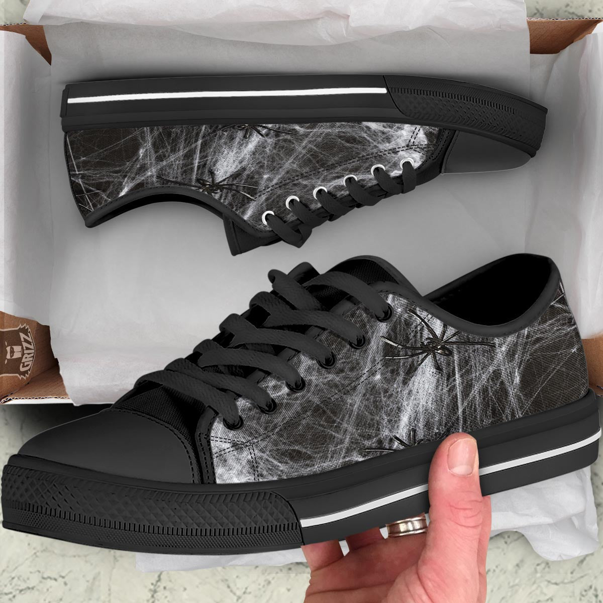 Cobweb And Toy Spiders Print Black Low Top Shoes-grizzshop