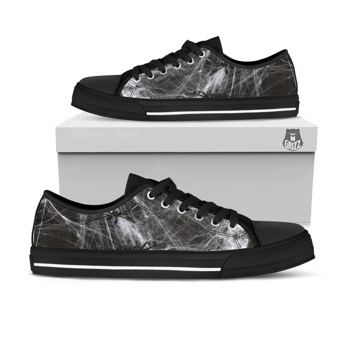 Cobweb And Toy Spiders Print Black Low Top Shoes-grizzshop