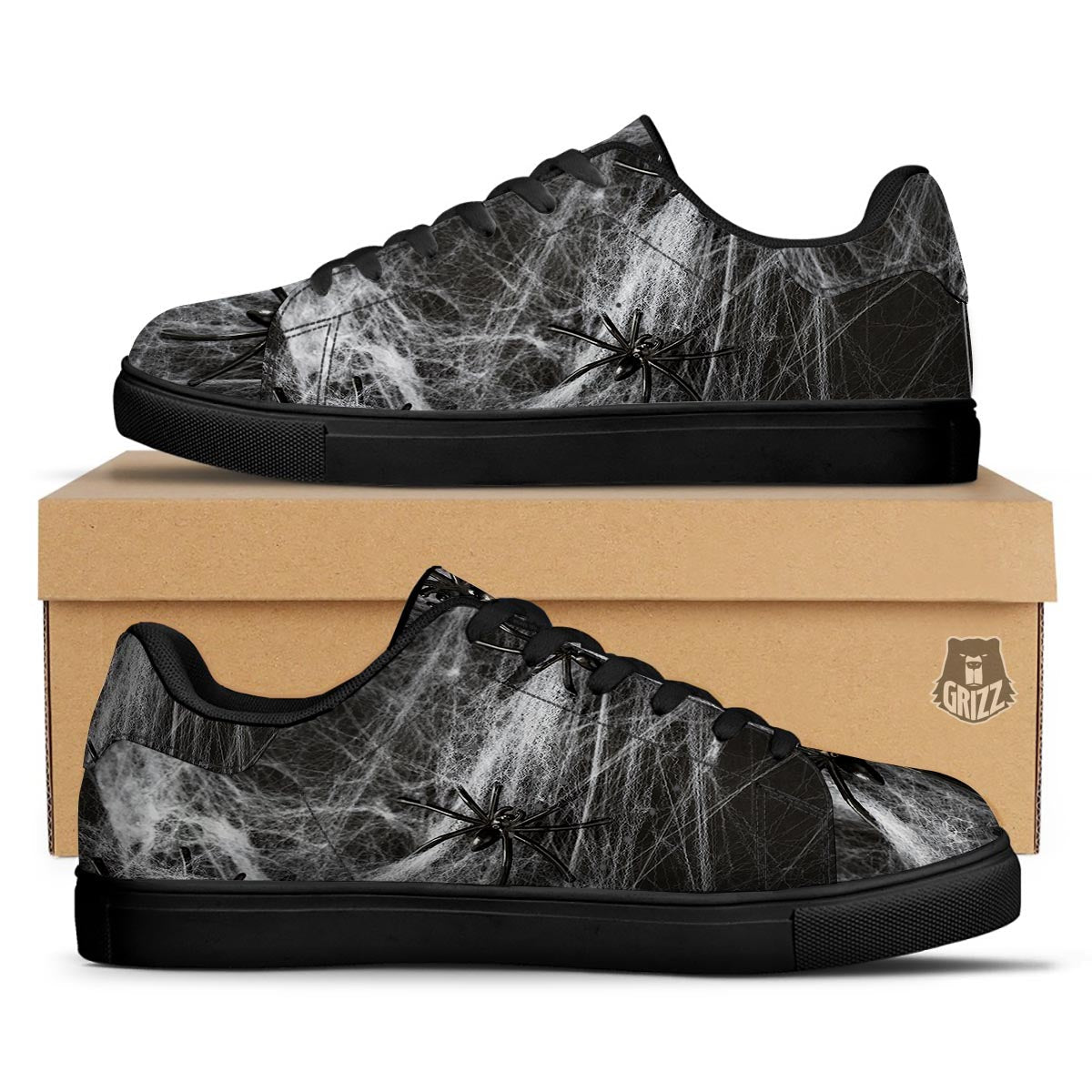 Cobweb And Toy Spiders Print Black Low Top Sneakers-grizzshop