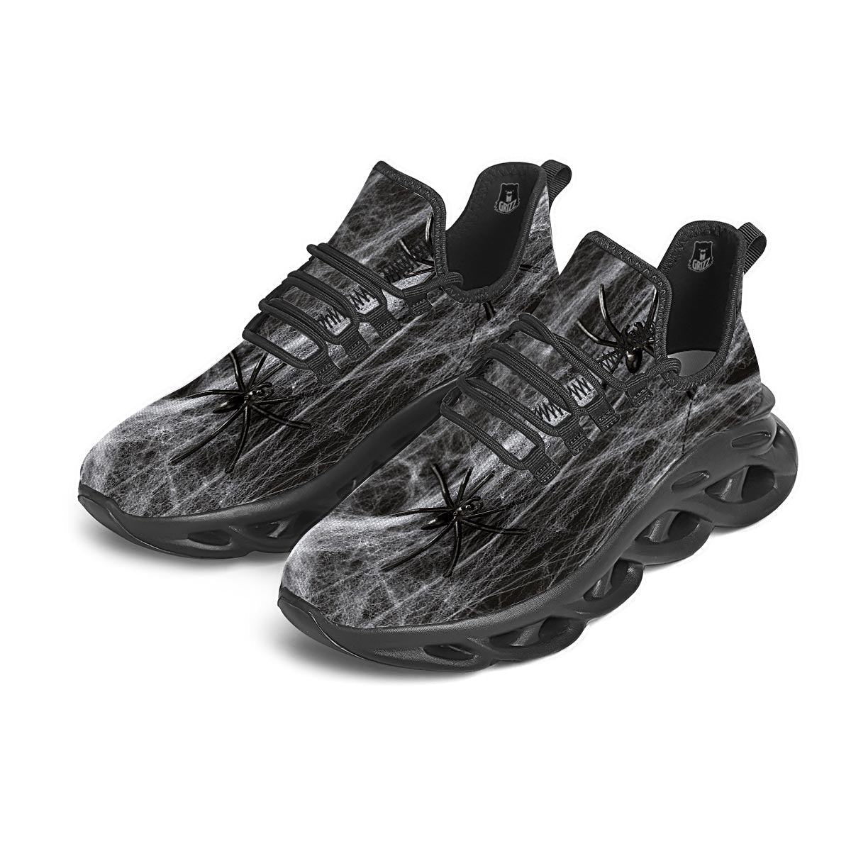 Cobweb And Toy Spiders Print Black Running Shoes-grizzshop