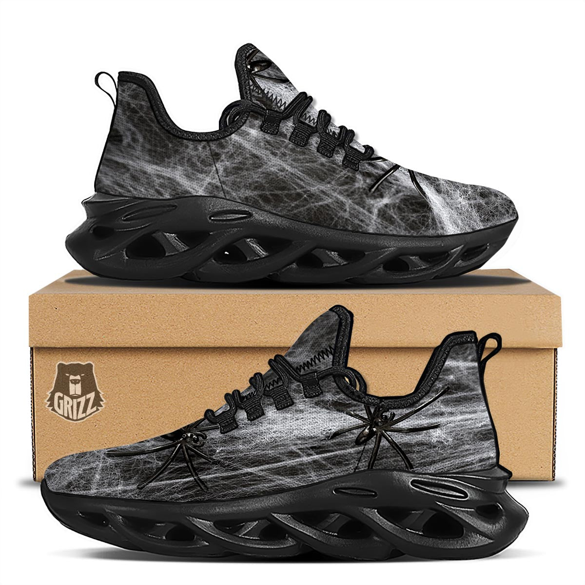 Cobweb And Toy Spiders Print Black Running Shoes-grizzshop