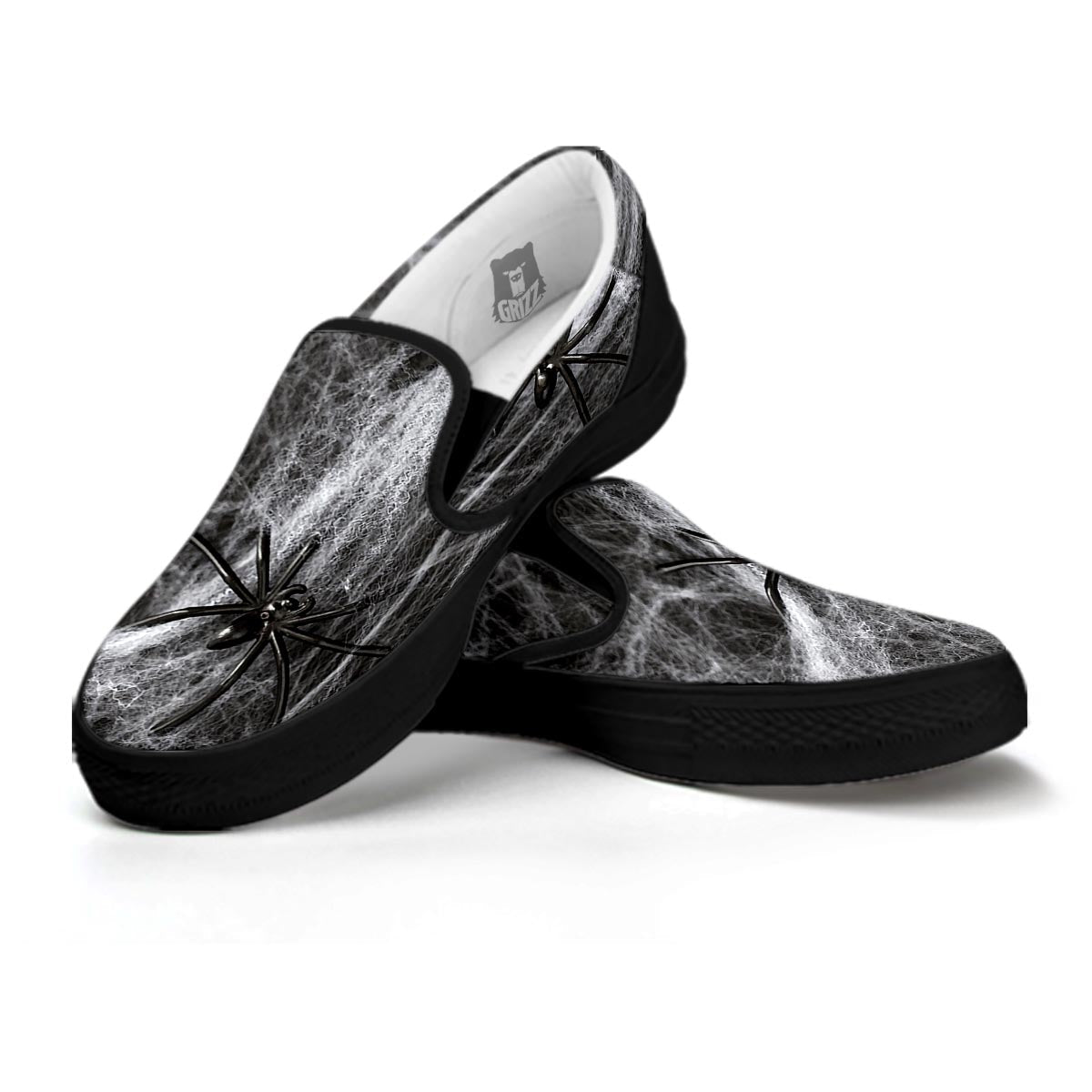 Cobweb And Toy Spiders Print Black Slip On Shoes-grizzshop