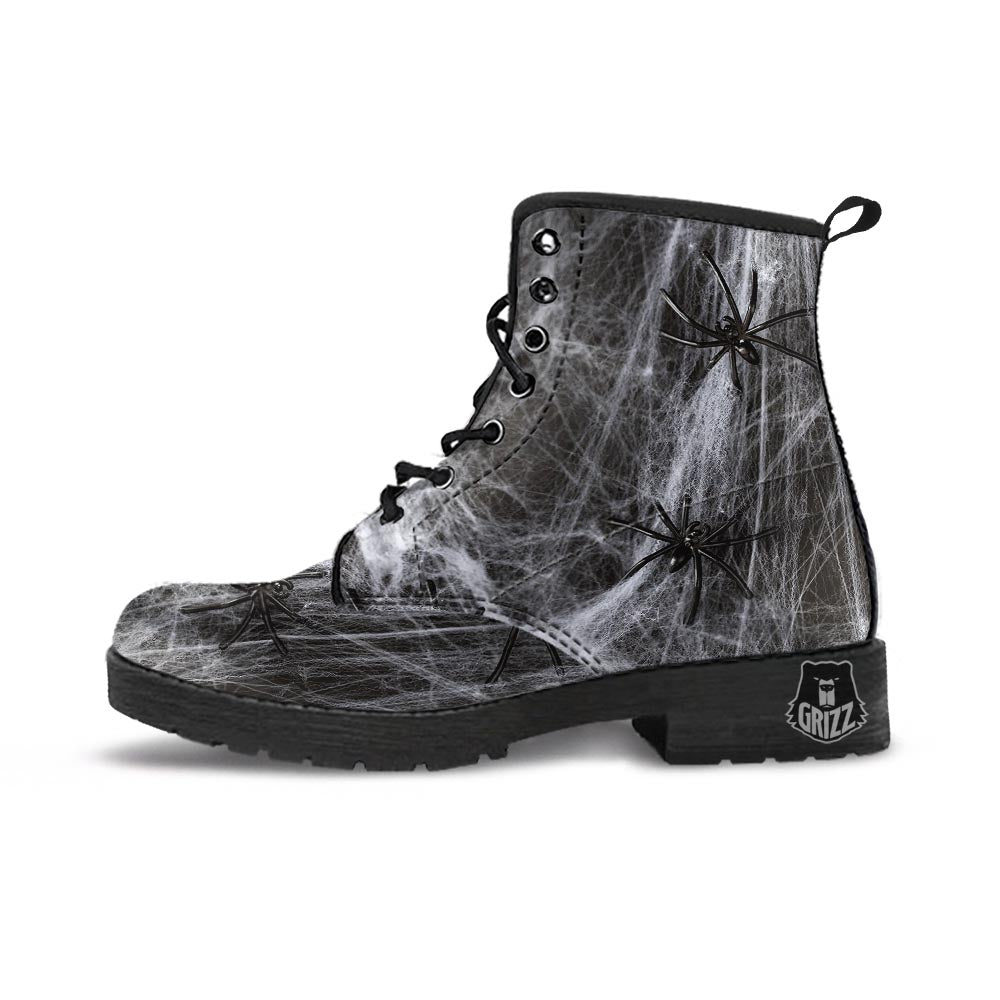 Cobweb And Toy Spiders Print Leather Boots-grizzshop