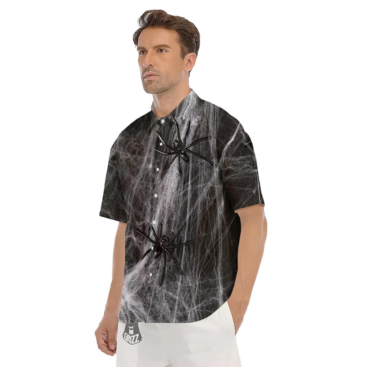 Cobweb And Toy Spiders Print Men's Short Sleeve Shirts-grizzshop