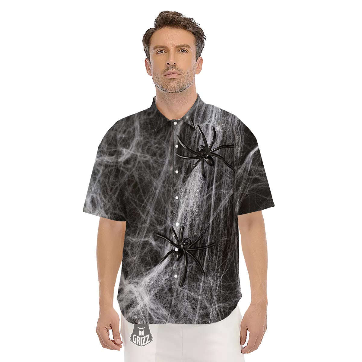 Cobweb And Toy Spiders Print Men's Short Sleeve Shirts-grizzshop