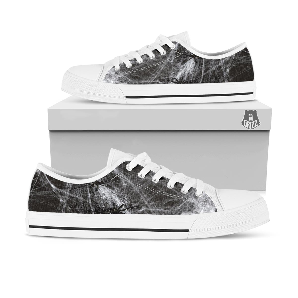 Cobweb And Toy Spiders Print White Low Top Shoes-grizzshop