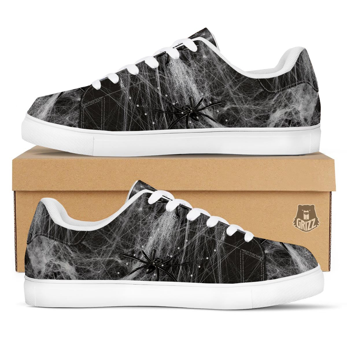 Cobweb And Toy Spiders Print White Low Top Sneakers-grizzshop