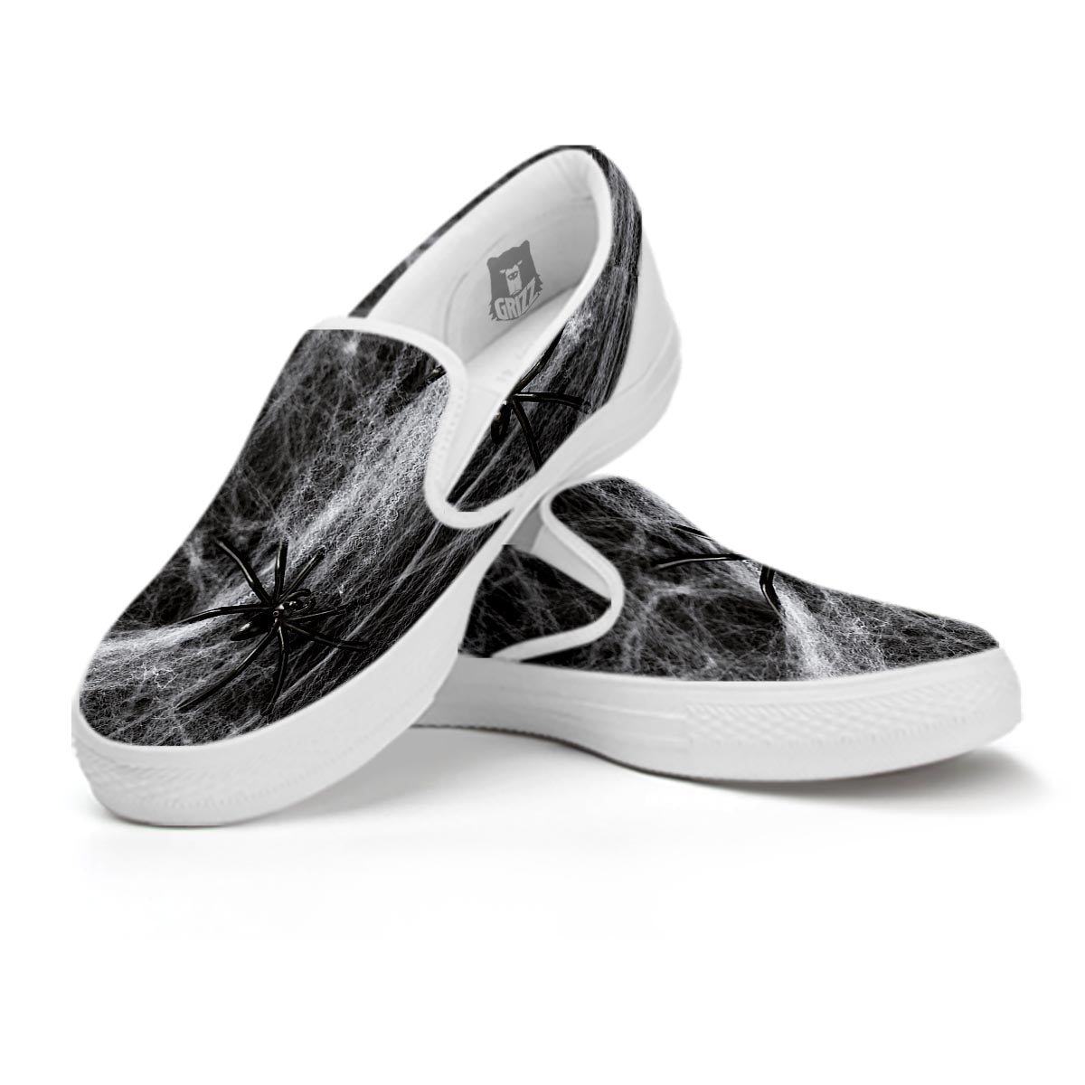 Cobweb And Toy Spiders Print White Slip On Shoes-grizzshop