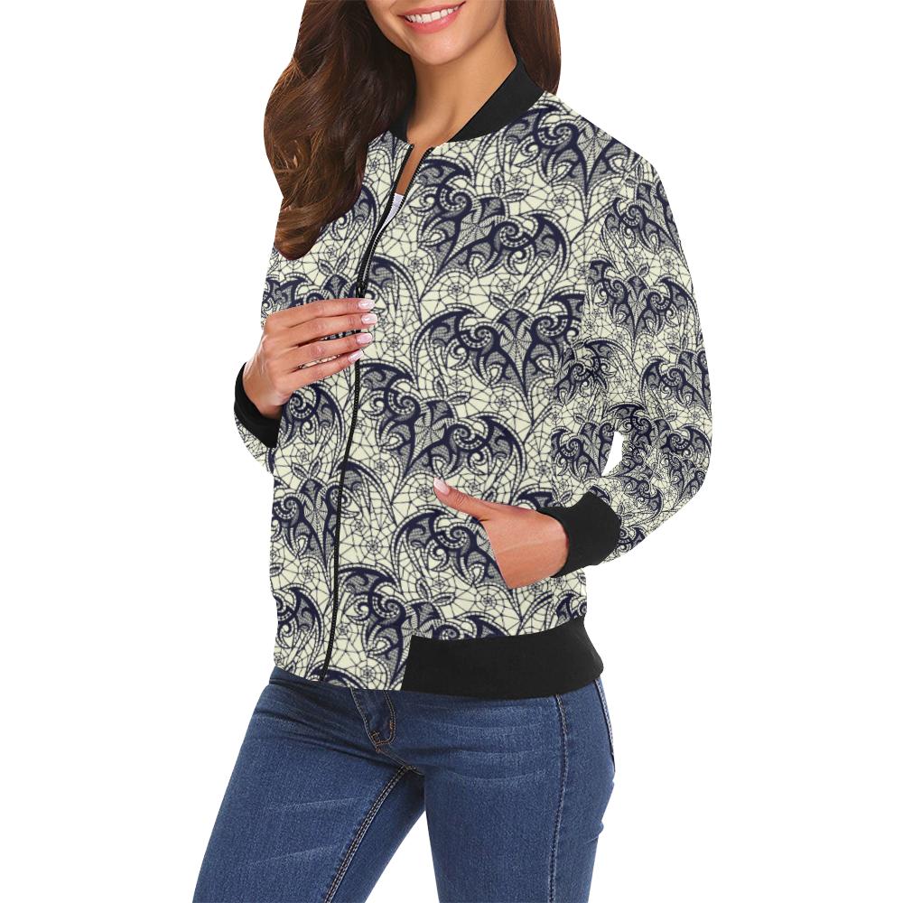 Cobweb Halloween Bat Pattern Print Women Casual Bomber Jacket-grizzshop