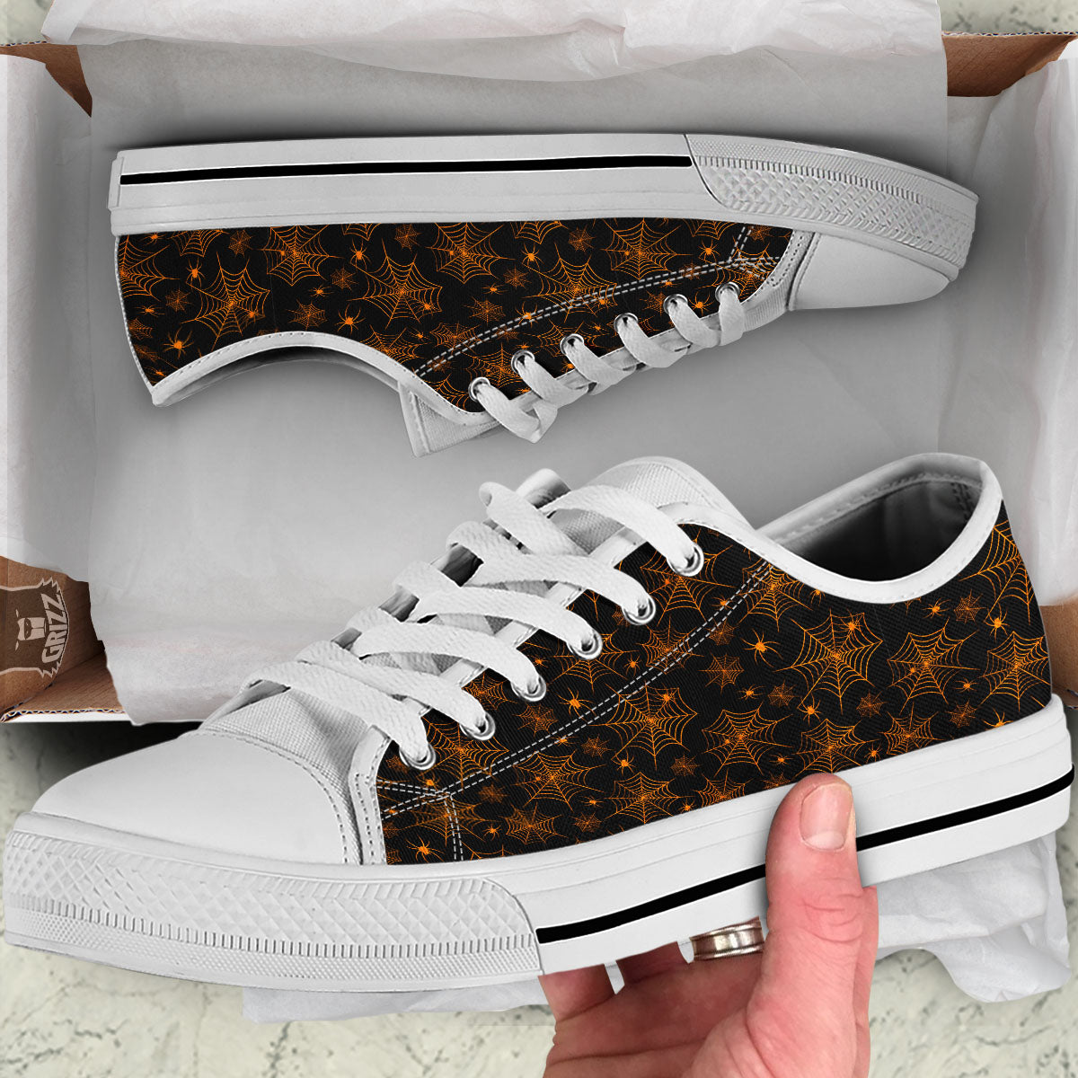 Cobweb Halloween Print Pattern White Low Top Shoes-grizzshop