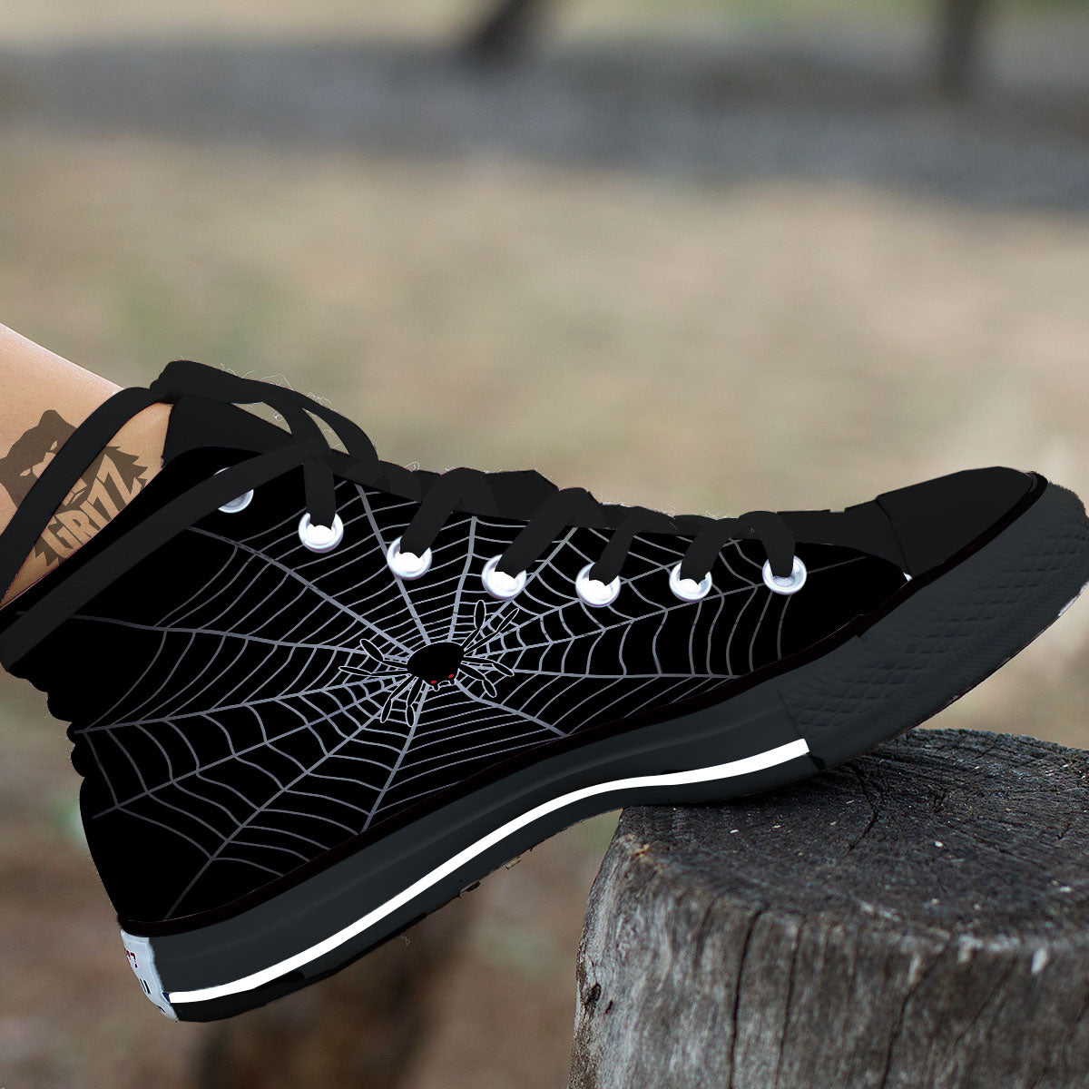 Cobweb White And Black Print Black High Top Shoes-grizzshop