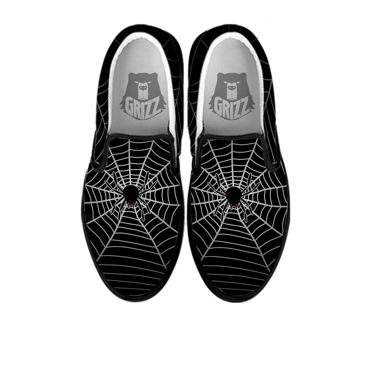 Cobweb White And Black Print Black Slip On Shoes-grizzshop