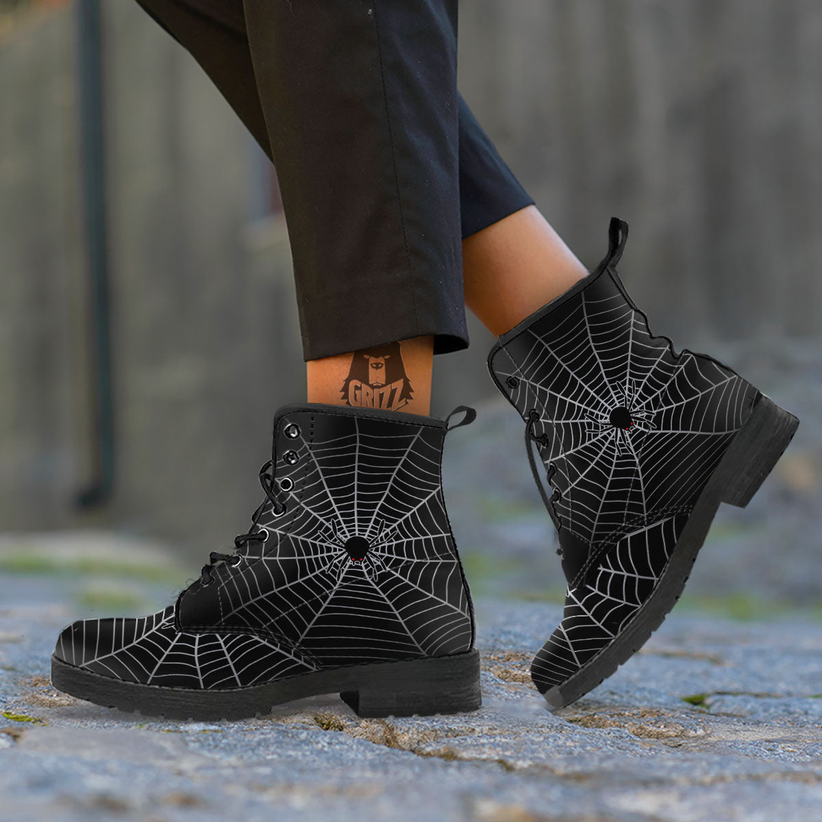 Cobweb White And Black Print Leather Boots-grizzshop