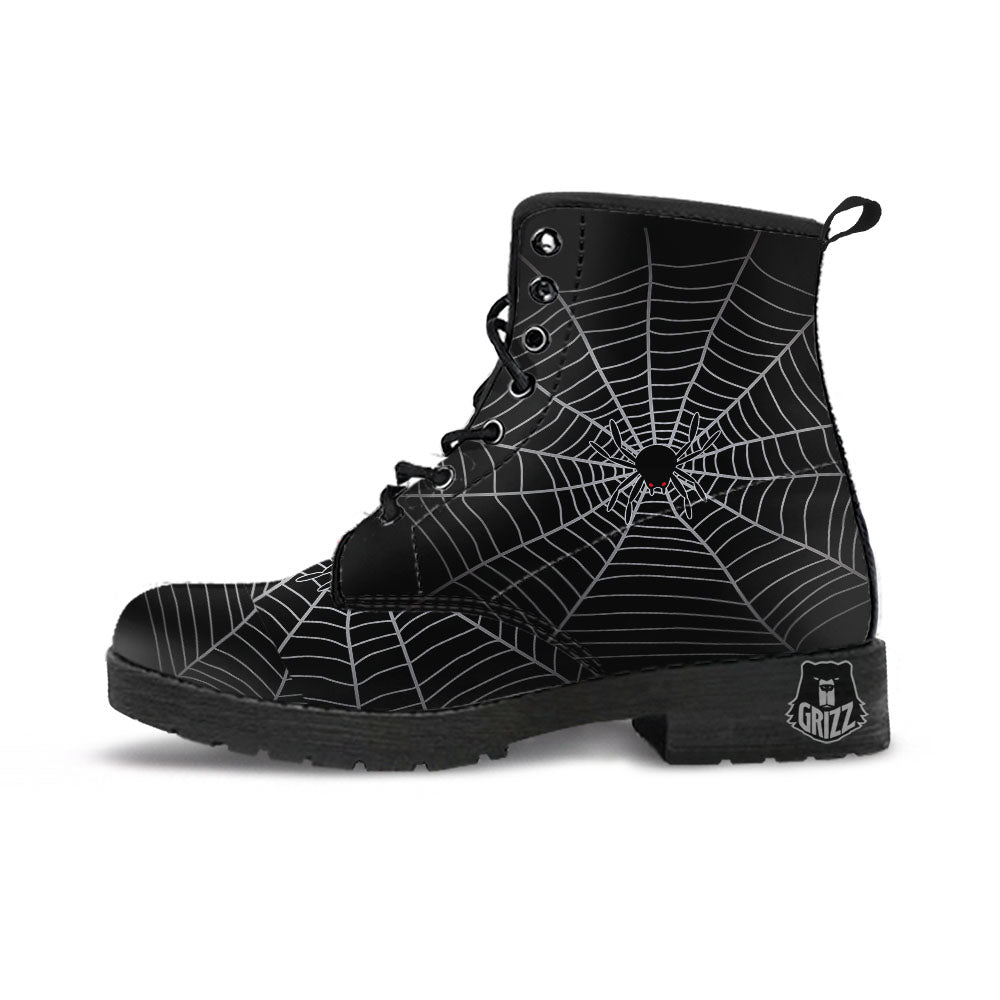 Cobweb White And Black Print Leather Boots-grizzshop