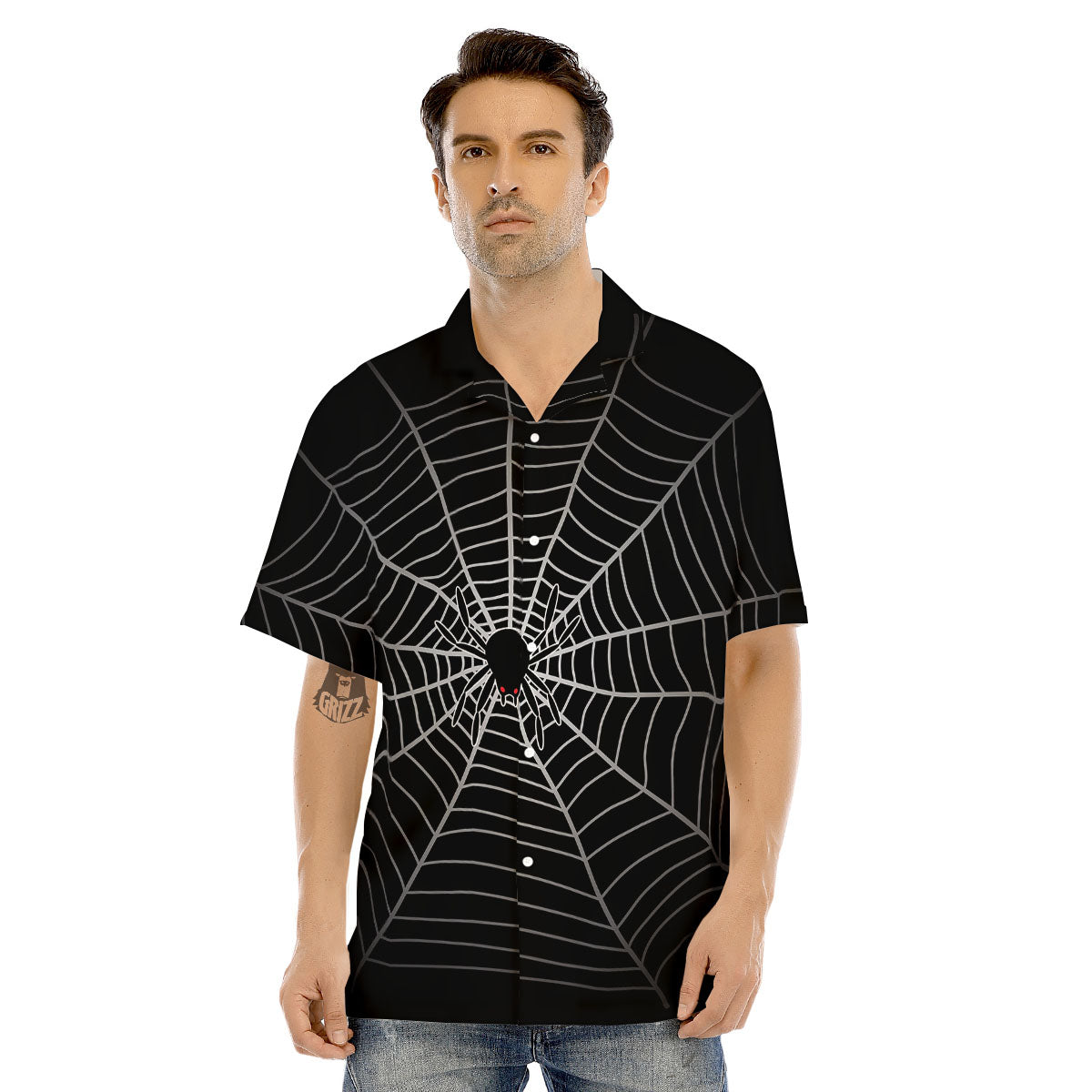 Cobweb White And Black Print Men's Hawaiian Shirt-grizzshop