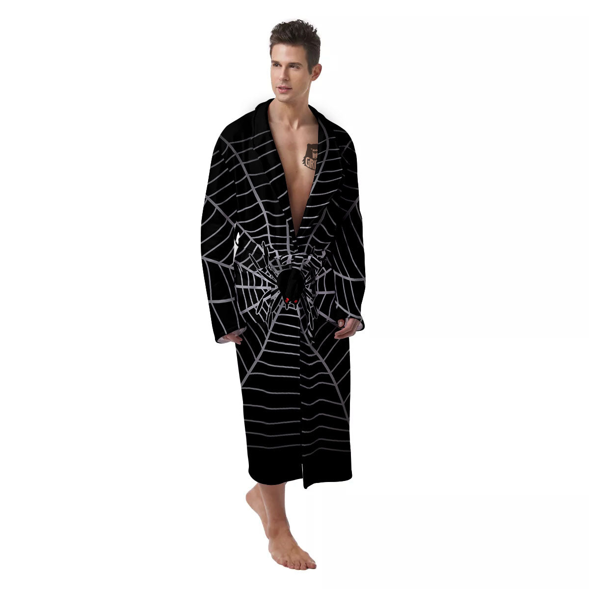 Cobweb White And Black Print Men's Robe-grizzshop