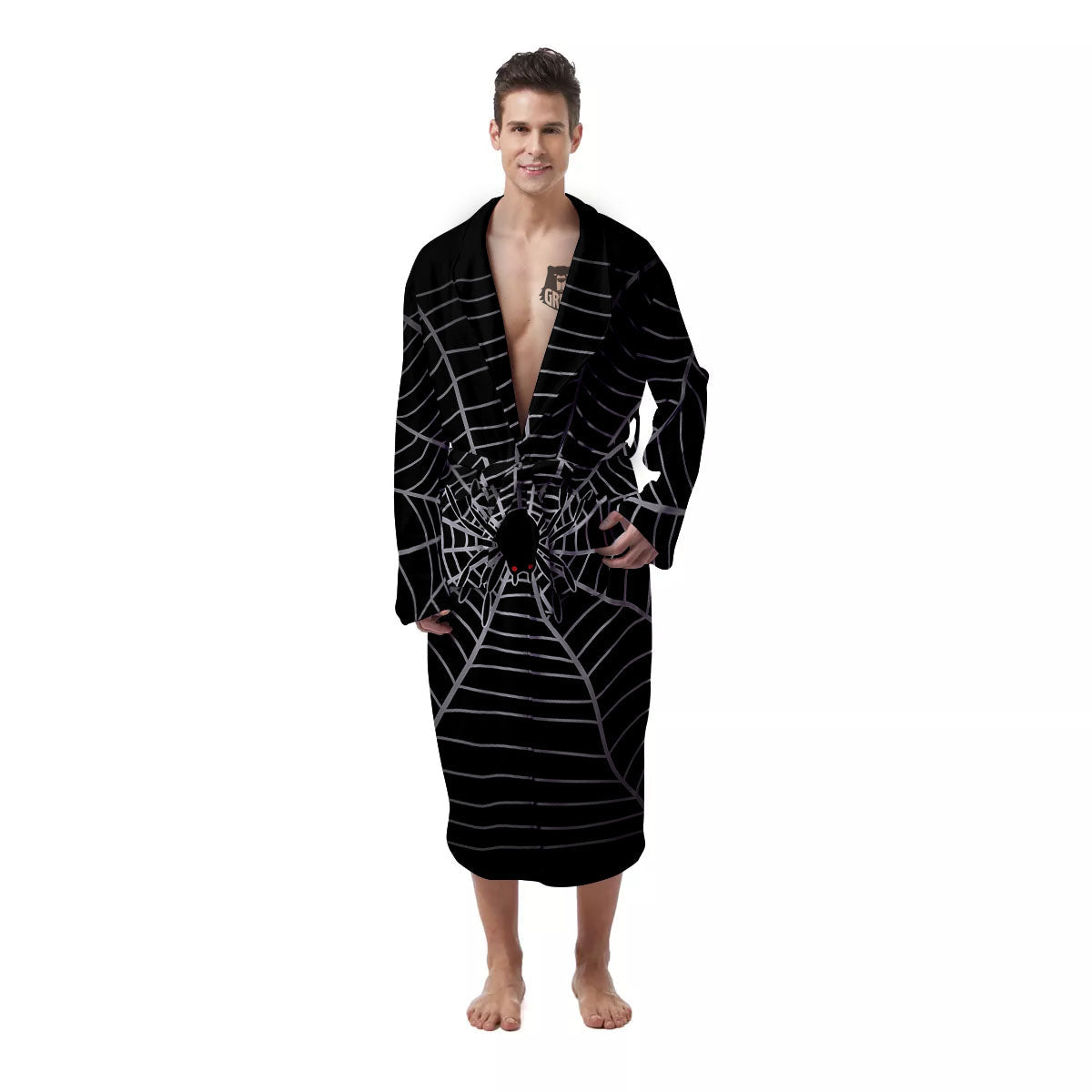 Cobweb White And Black Print Men's Robe-grizzshop