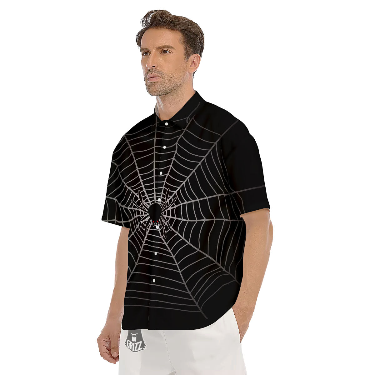 Cobweb White And Black Print Men's Short Sleeve Shirts-grizzshop