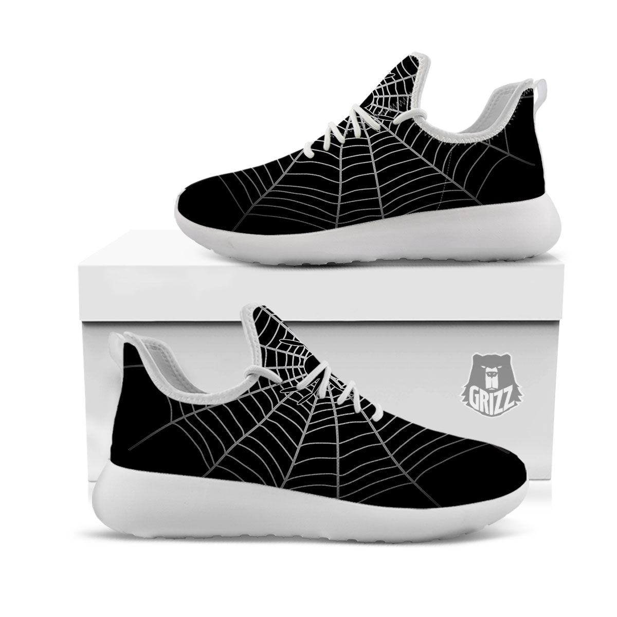 Cobweb White And Black Print White Athletic Shoes-grizzshop