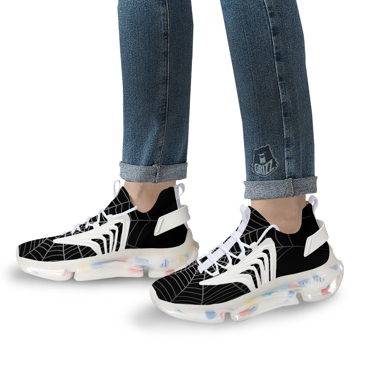 Cobweb White And Black Print White Gym Shoes-grizzshop