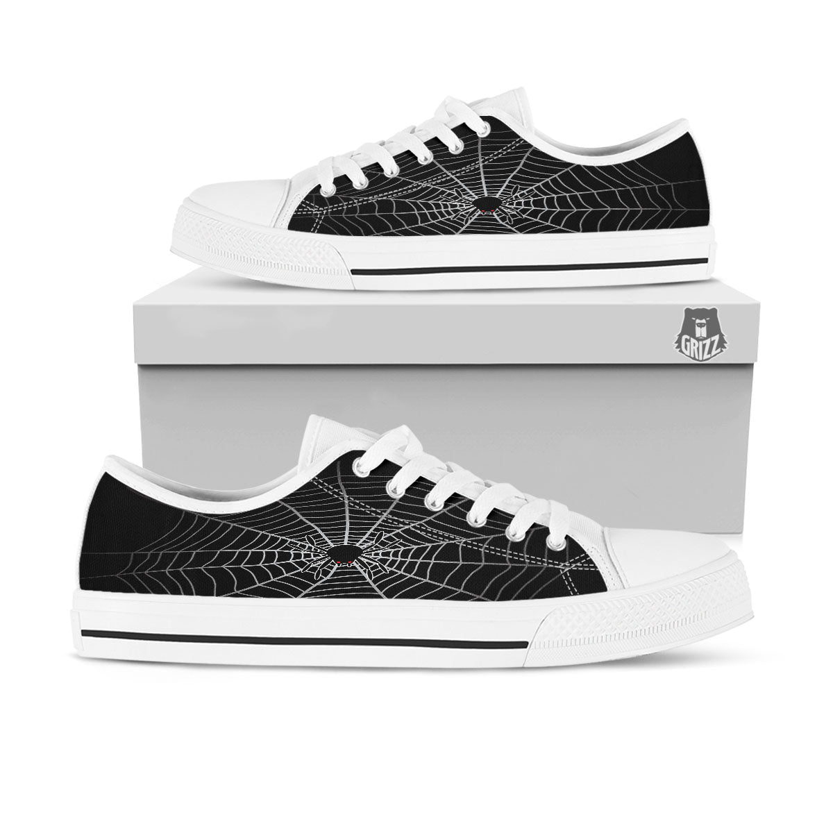 Cobweb White And Black Print White Low Top Shoes-grizzshop