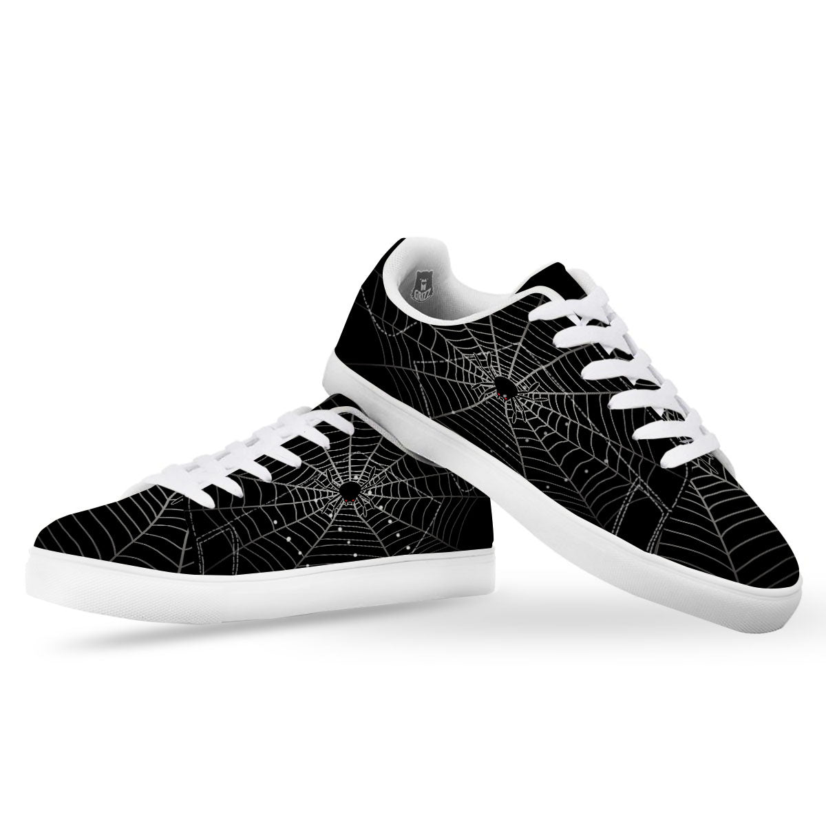 Cobweb White And Black Print White Low Top Sneakers-grizzshop