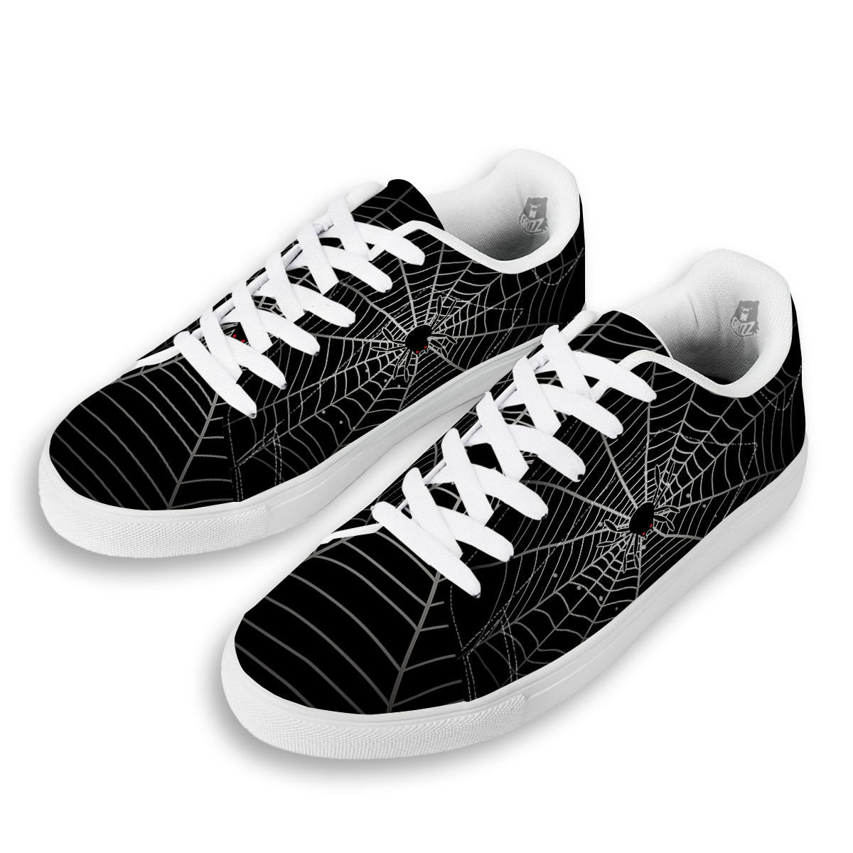 Cobweb White And Black Print White Low Top Sneakers-grizzshop