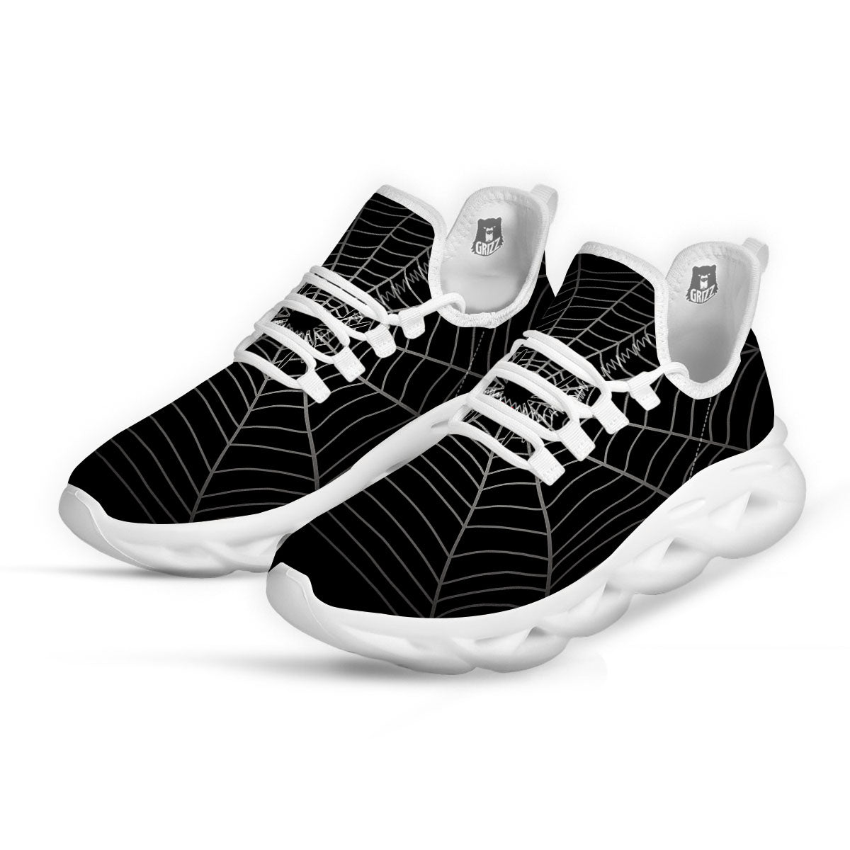 Cobweb White And Black Print White Running Shoes-grizzshop
