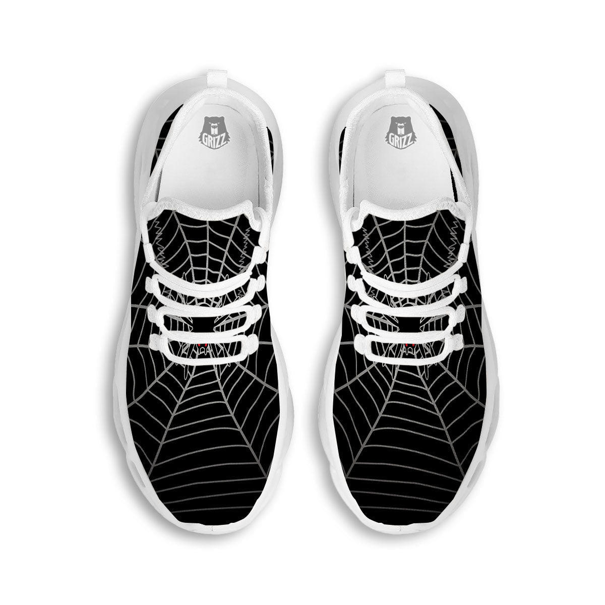 Cobweb White And Black Print White Running Shoes-grizzshop