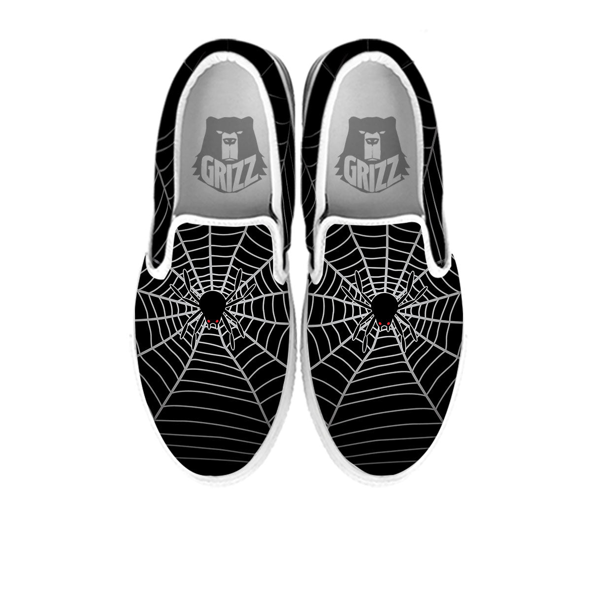 Cobweb White And Black Print White Slip On Shoes-grizzshop