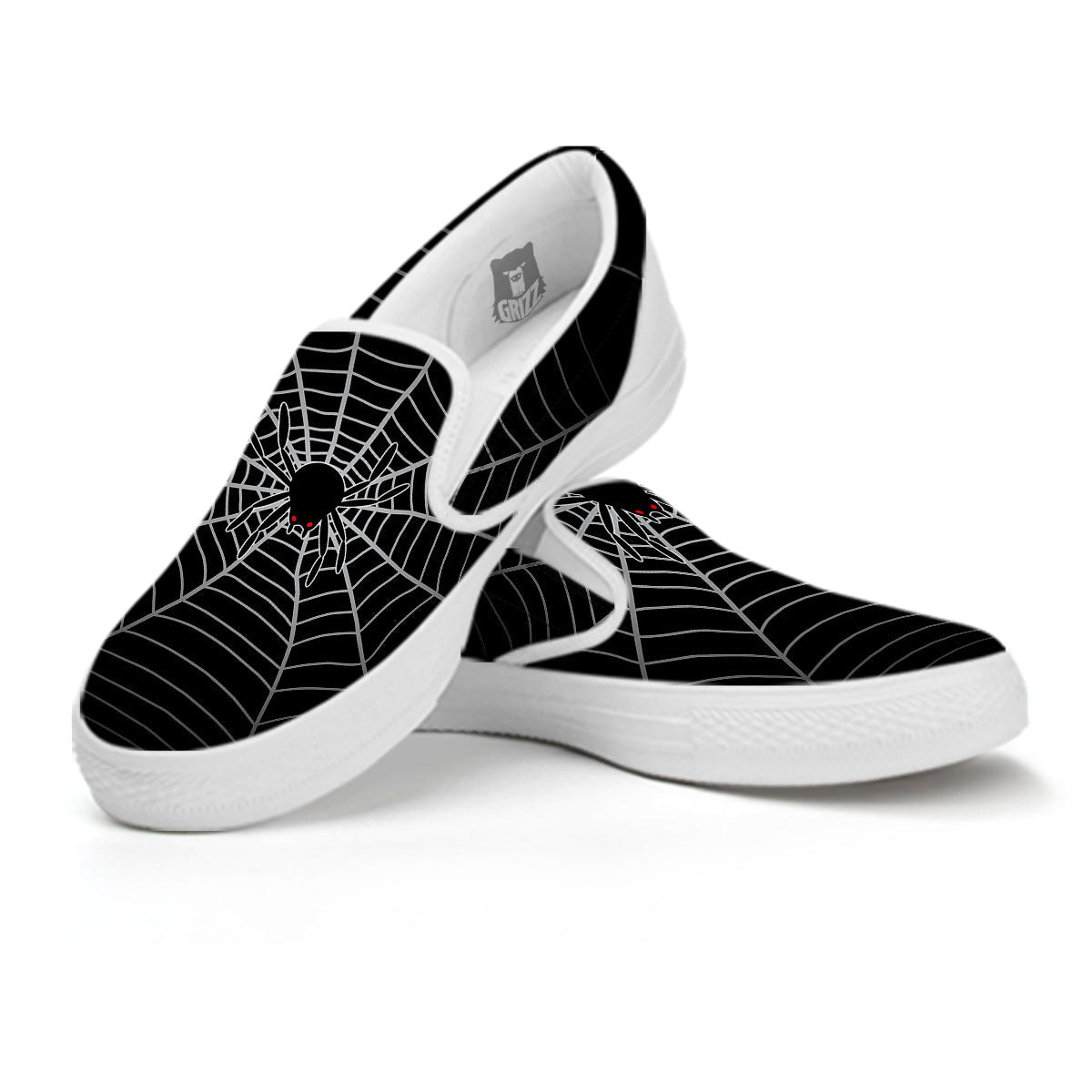 Cobweb White And Black Print White Slip On Shoes-grizzshop