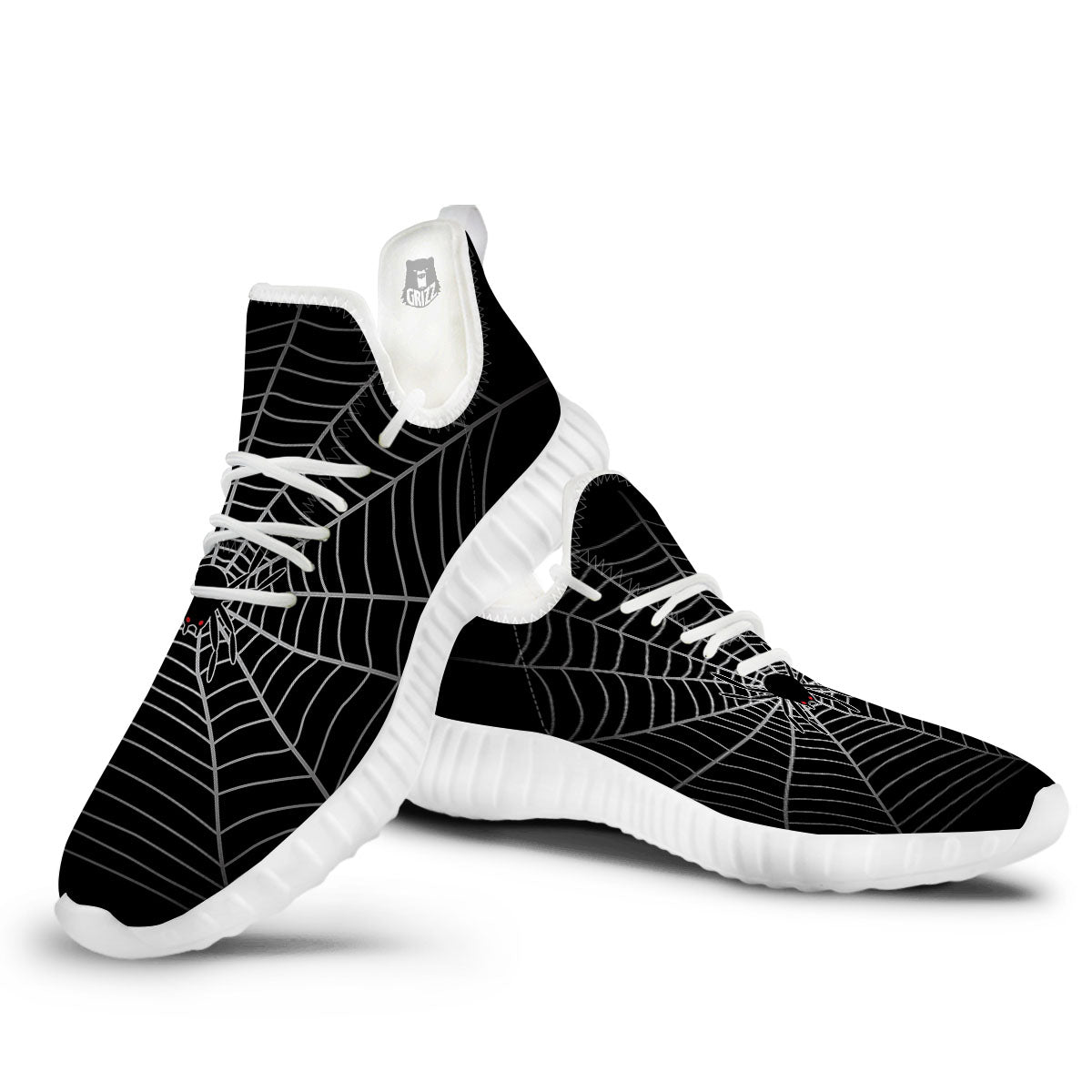Cobweb White And Black Print White Walking Shoes-grizzshop