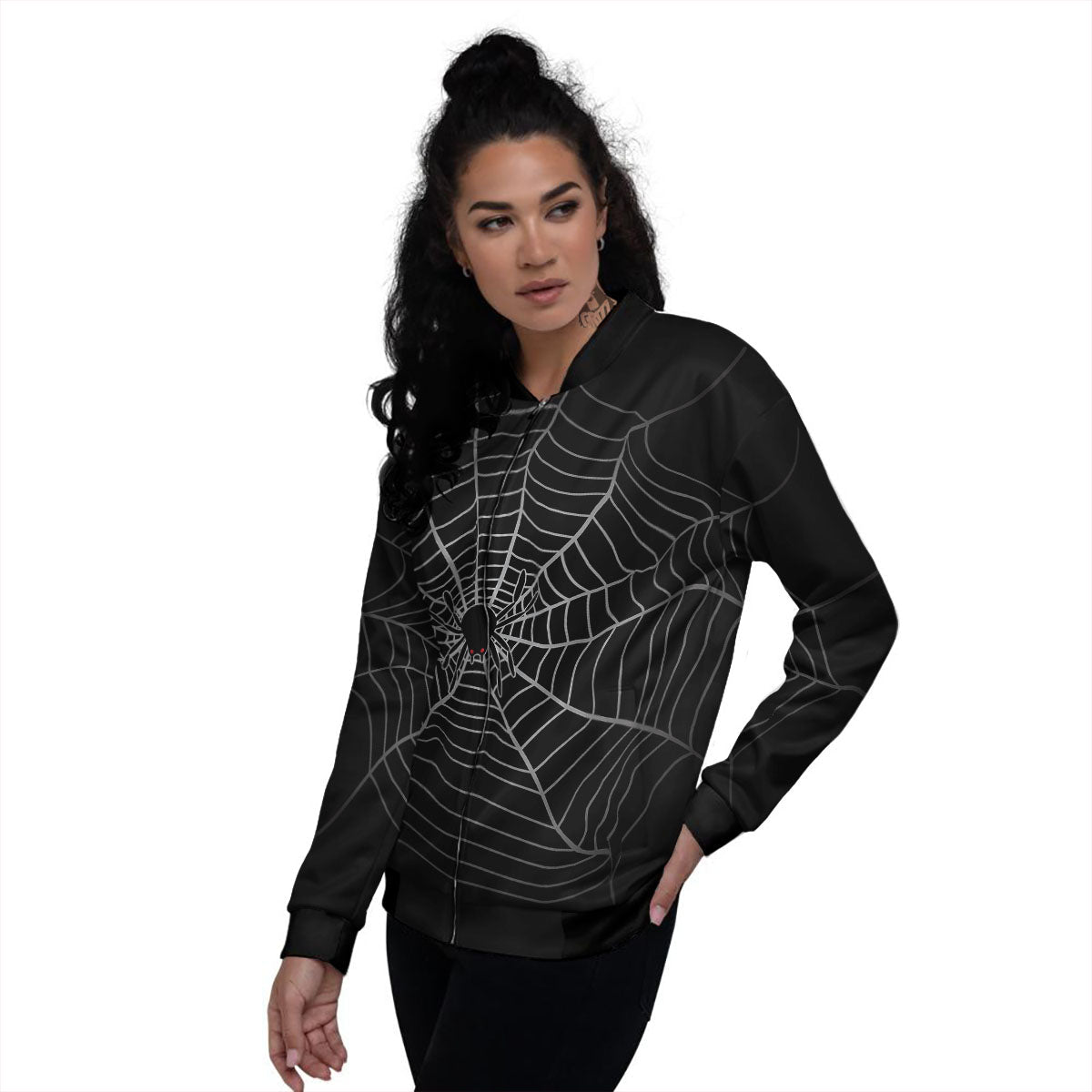 Cobweb White And Black Print Women's Bomber Jacket-grizzshop