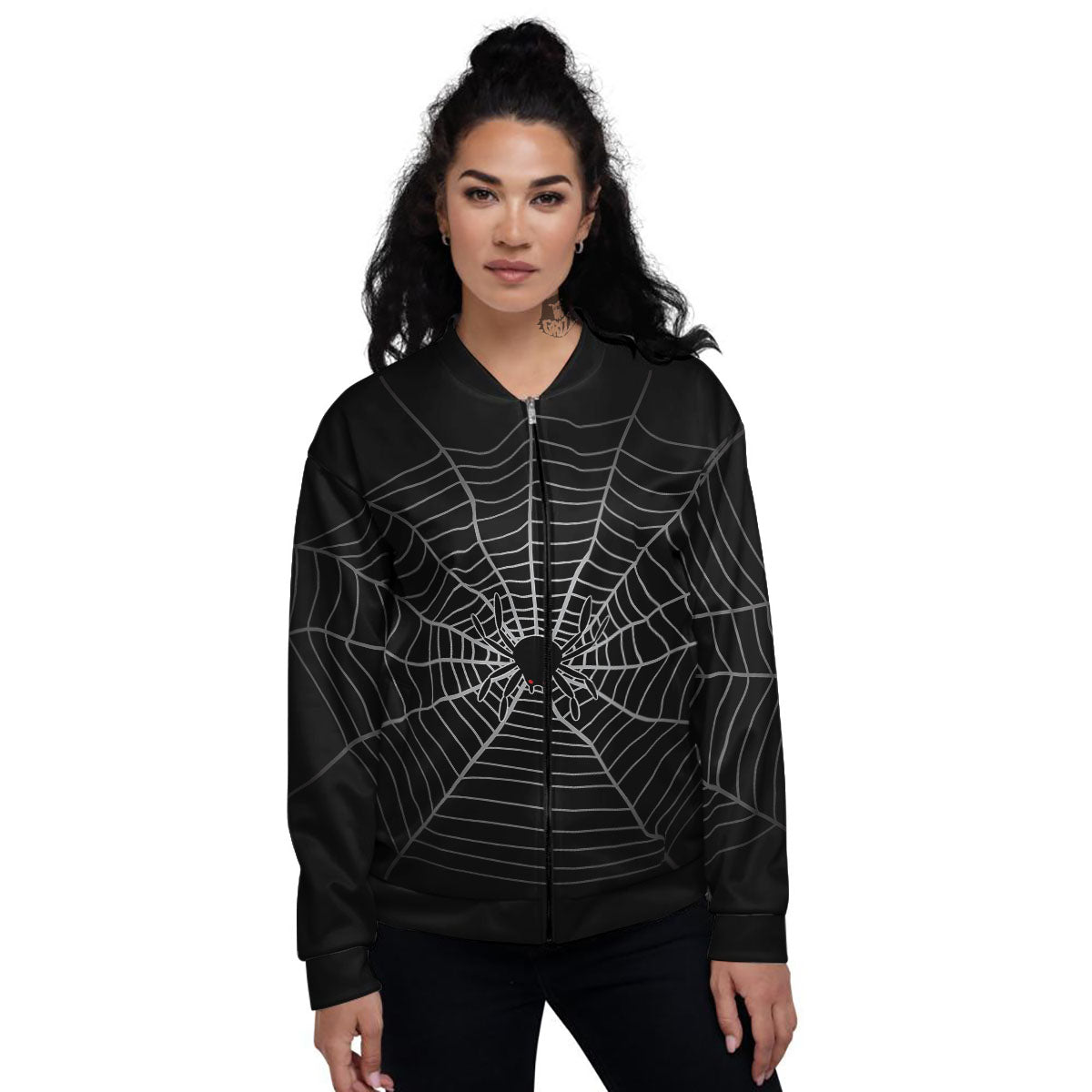 Cobweb White And Black Print Women's Bomber Jacket-grizzshop
