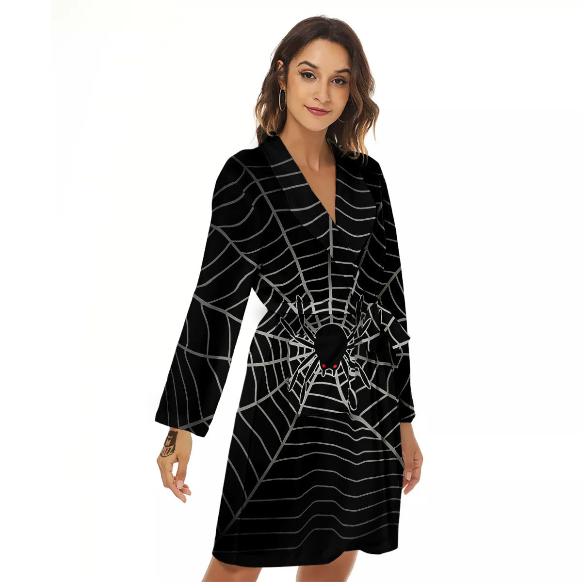Cobweb White And Black Print Women's Robe-grizzshop