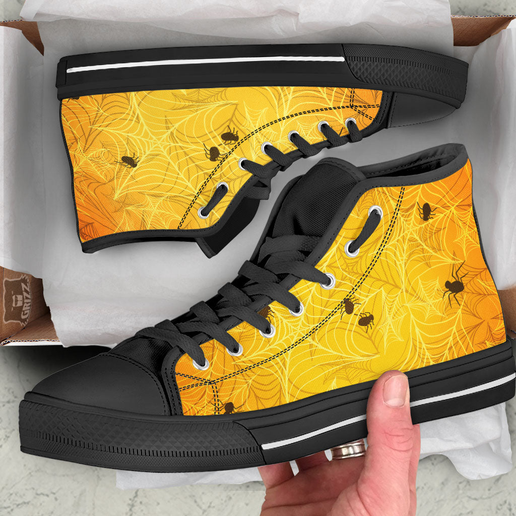 Cobweb Yellow Print Black High Top Shoes-grizzshop