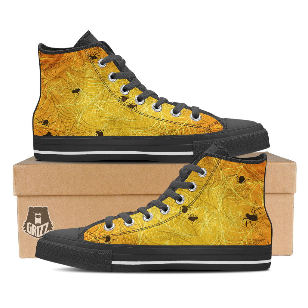 Cobweb Yellow Print Black High Top Shoes-grizzshop