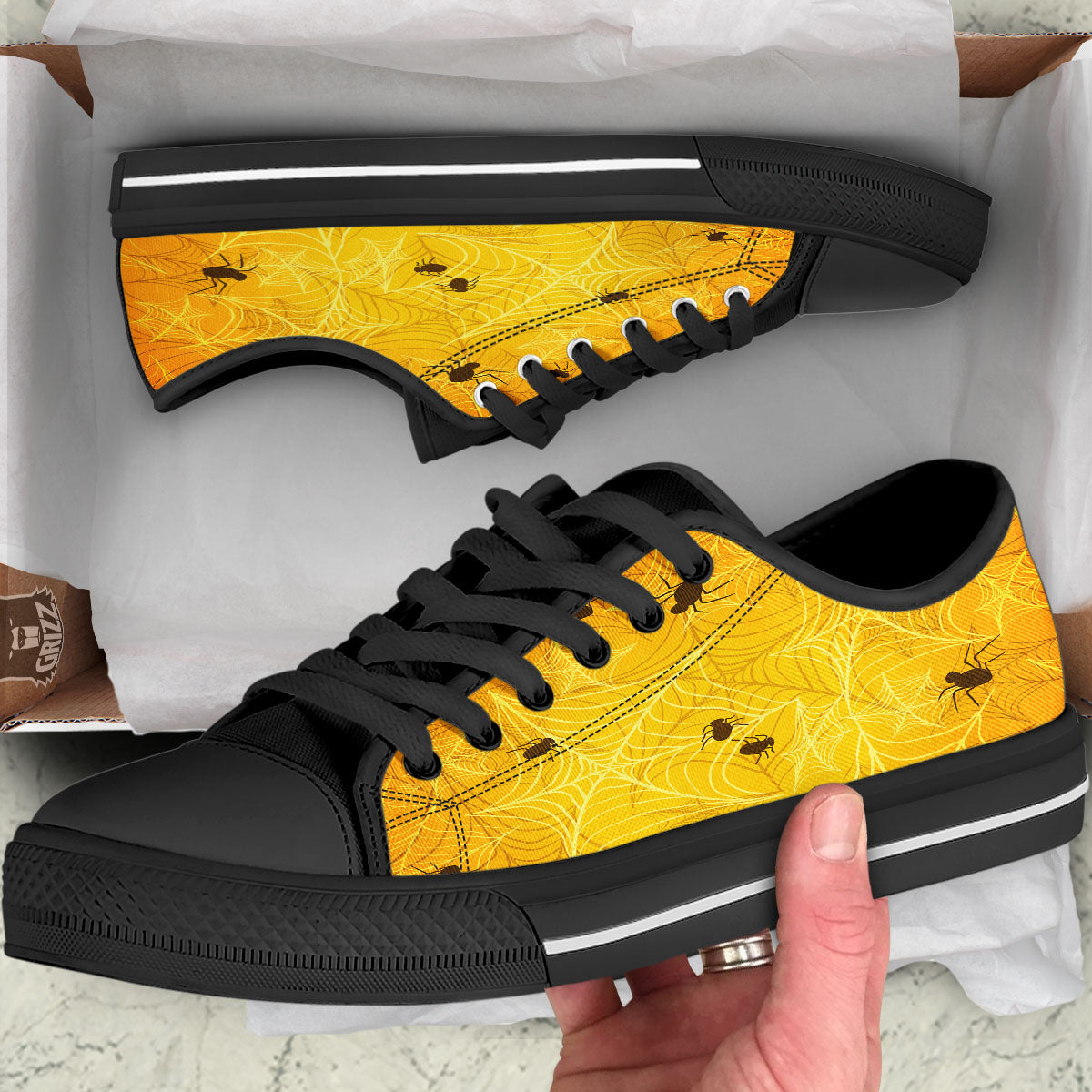 Cobweb Yellow Print Black Low Top Shoes-grizzshop