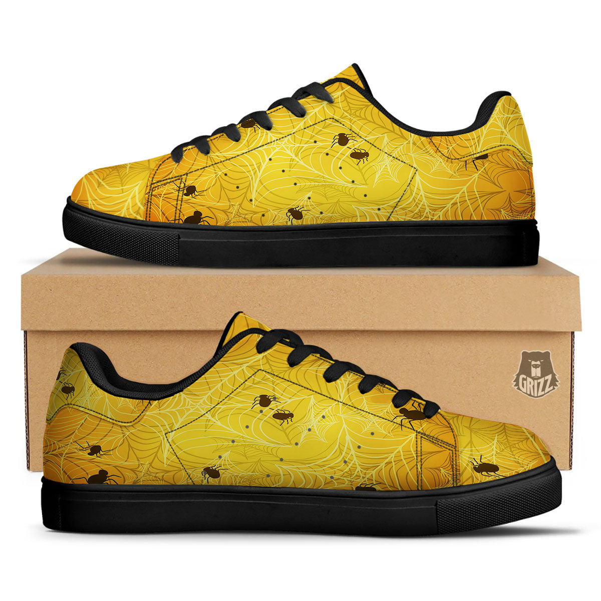Cobweb Yellow Print Black Low Top Sneakers-grizzshop