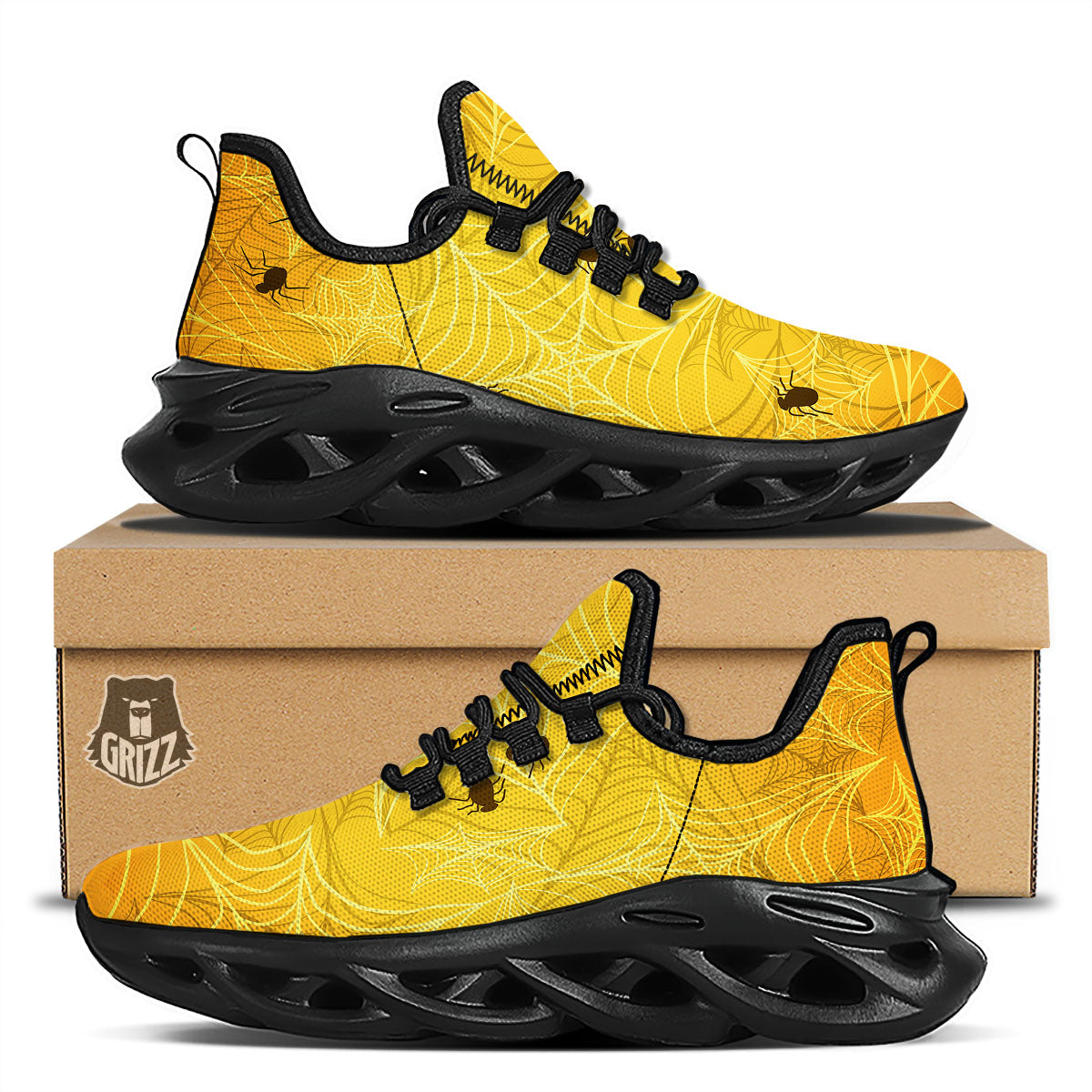 Cobweb Yellow Print Black Running Shoes-grizzshop