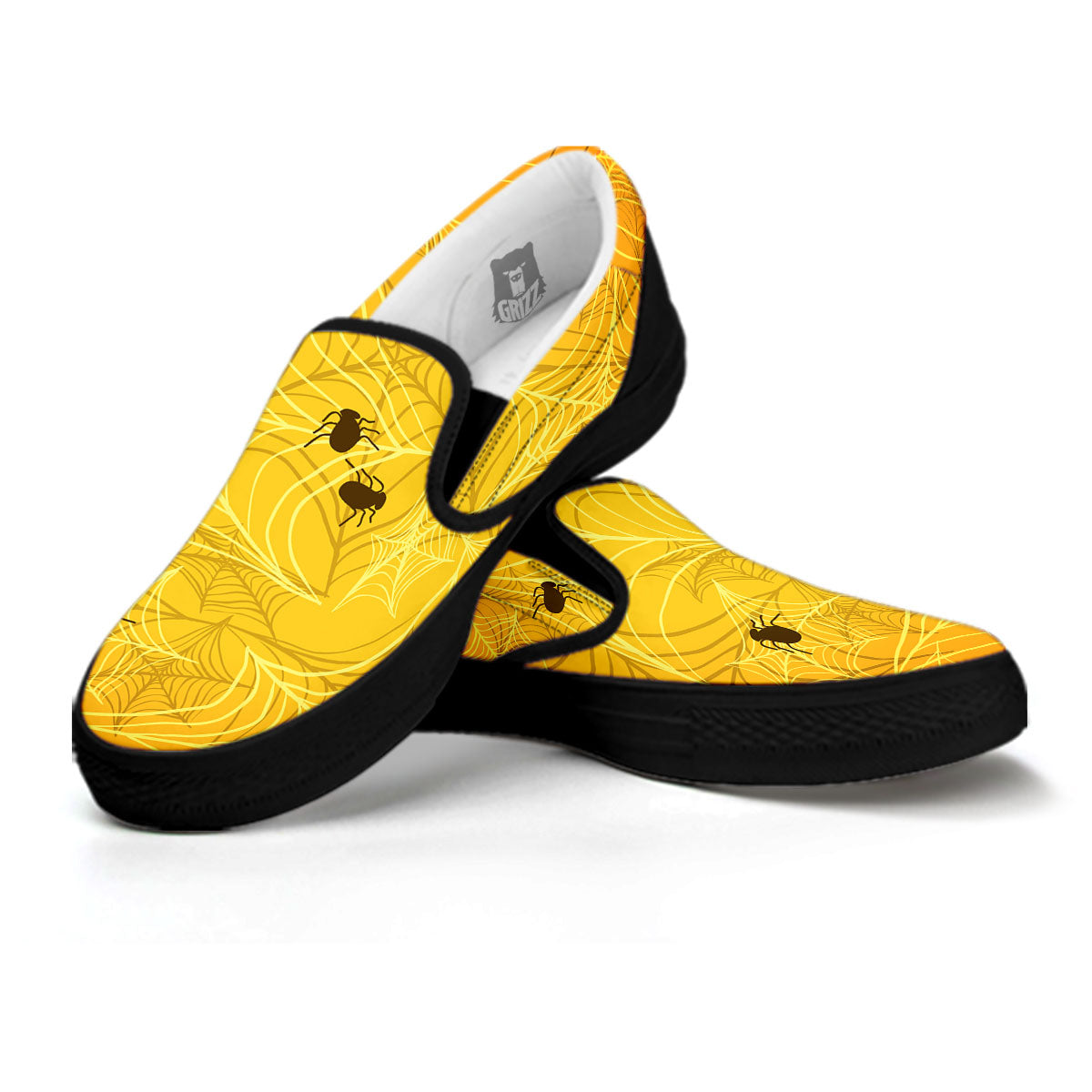 Cobweb Yellow Print Black Slip On Shoes-grizzshop
